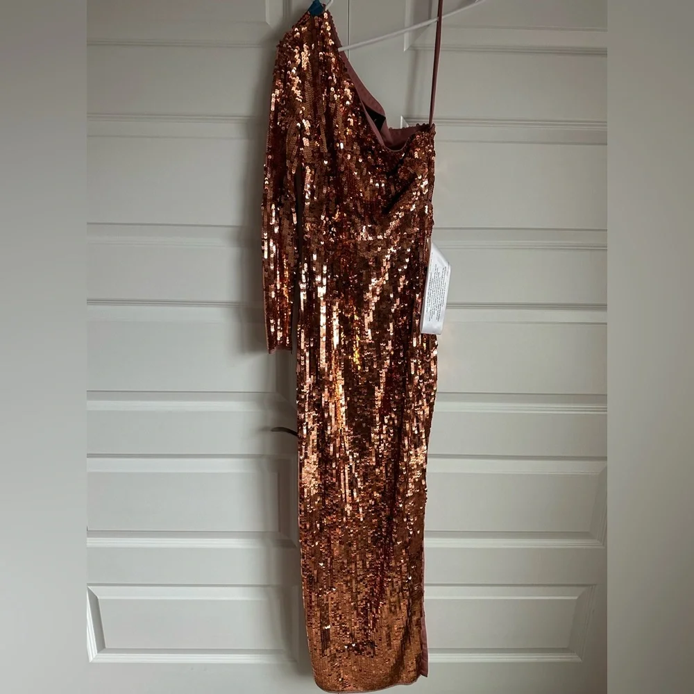 Mac‎ Duggal Sequined One Sleeve Column Gown- Copper